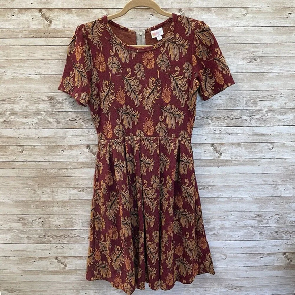 LulaRoe Womens M Dress NWT Amelia Holiday‎ Fall Feathers w/ Pockets Zipper - Picture 1 of 9